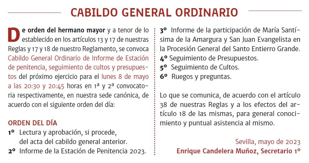 Cabildo General Ordinario de Informe de Estación de Penitencia, Seguimiento de Cultos y de Presupuestos 2023