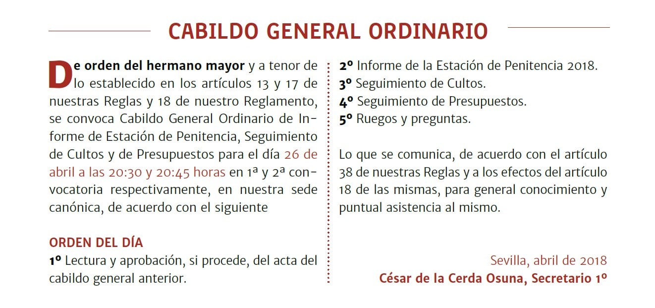 Cabildo General Ordinario de Informe de Estación de Penitencia, Seguimiento de Cultos y de Presupuestos 2018