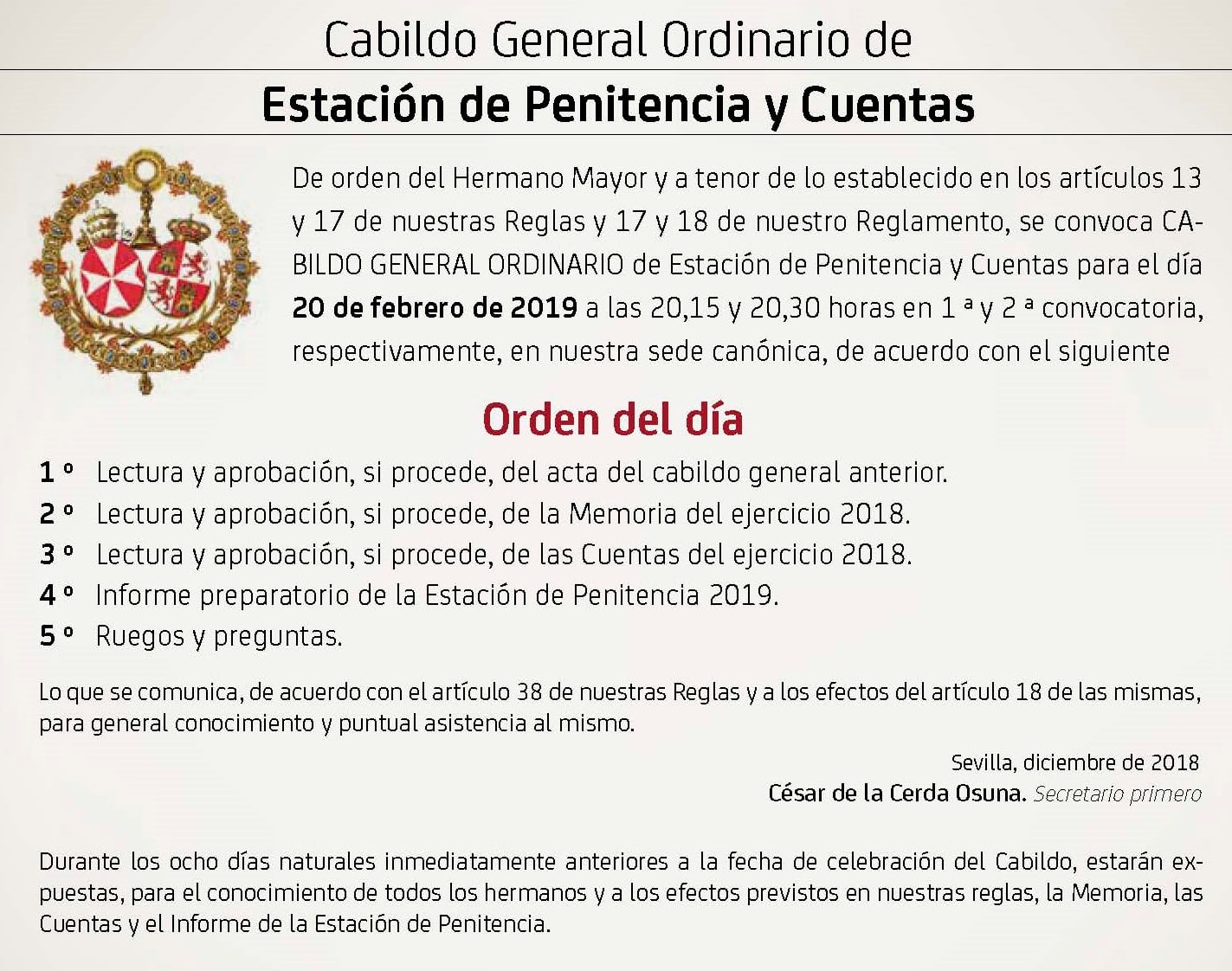 Cabildo General Ordinario de Estación de Penitencia y Cuentas