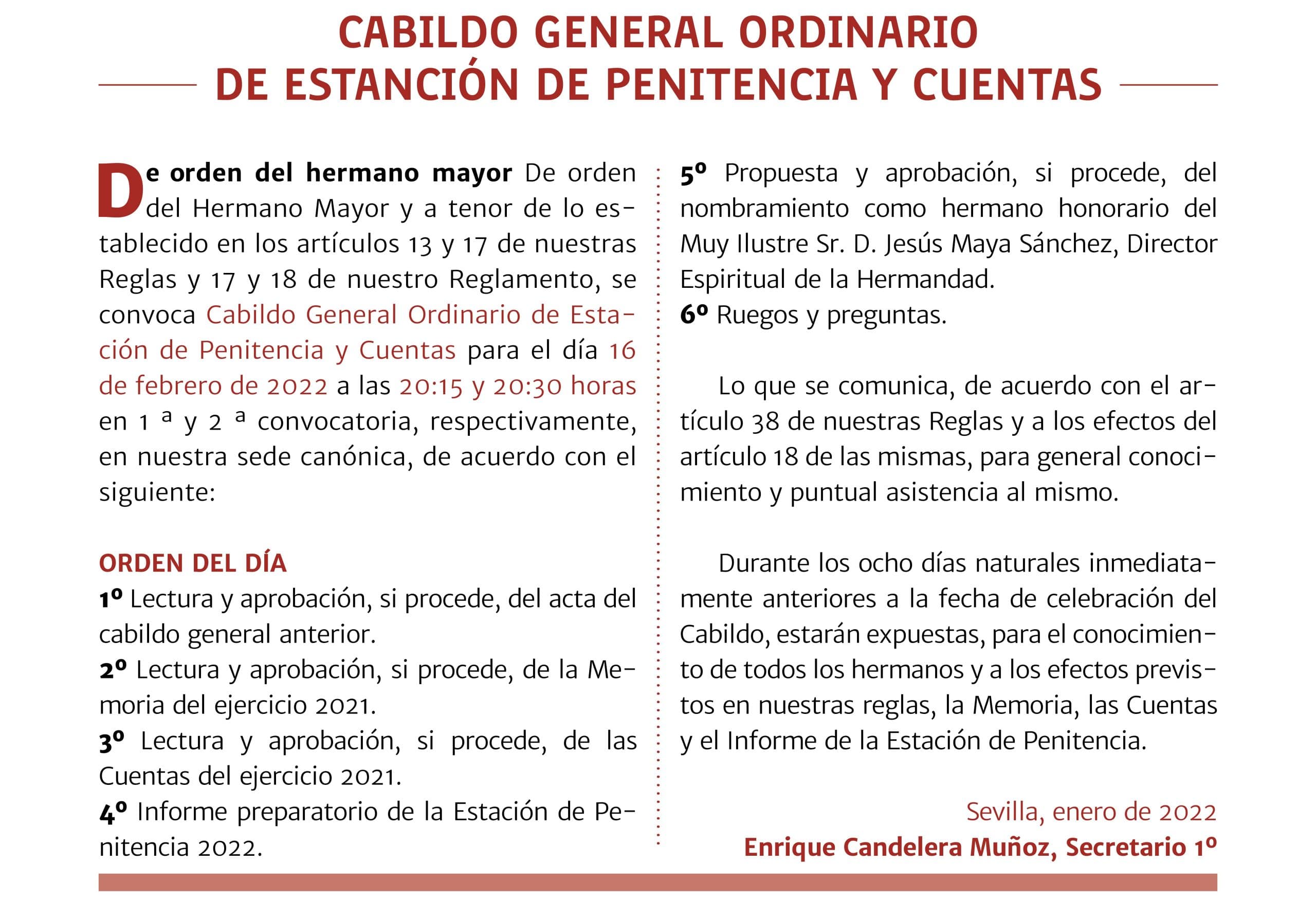 Cabildo General Ordinario de Estación de Penitencia y Cuentas