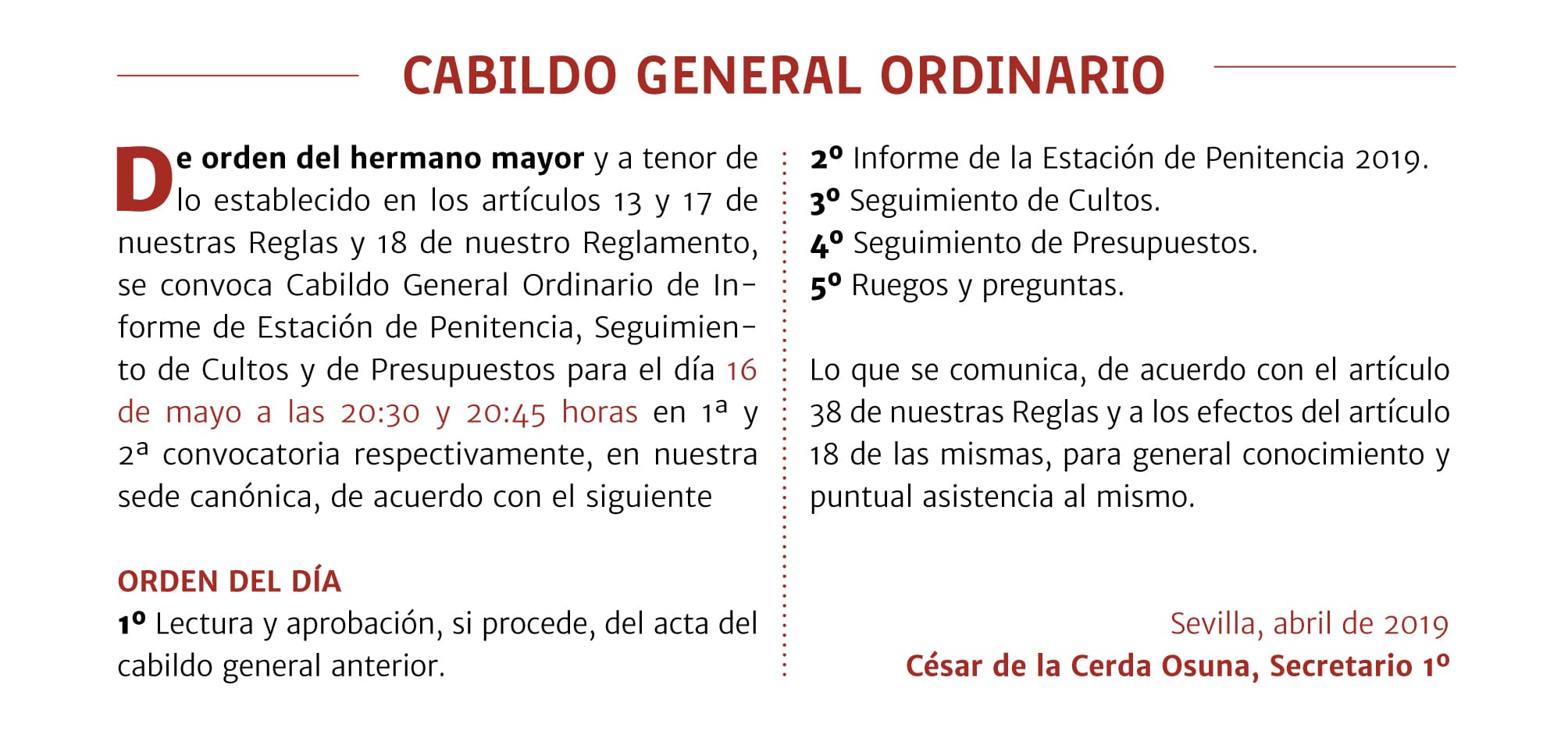 Cabildo General Ordinario de Informe de Estación de Penitencia, Seguimiento de Cultos y de Presupuestos
